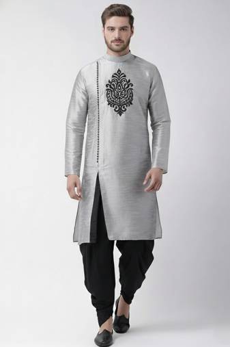 Grey embroidered dupion silk kurta set