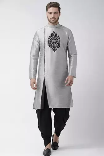 Grey embroidered dupion silk kurta set