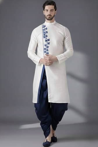 White embroidered dupion silk kurta set