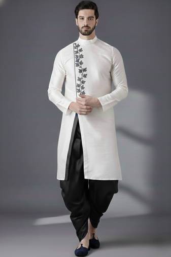 White embroidered dupion silk kurta set