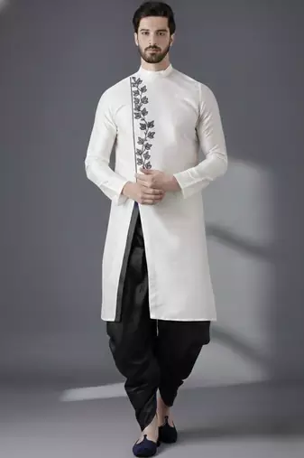 White embroidered dupion silk kurta set