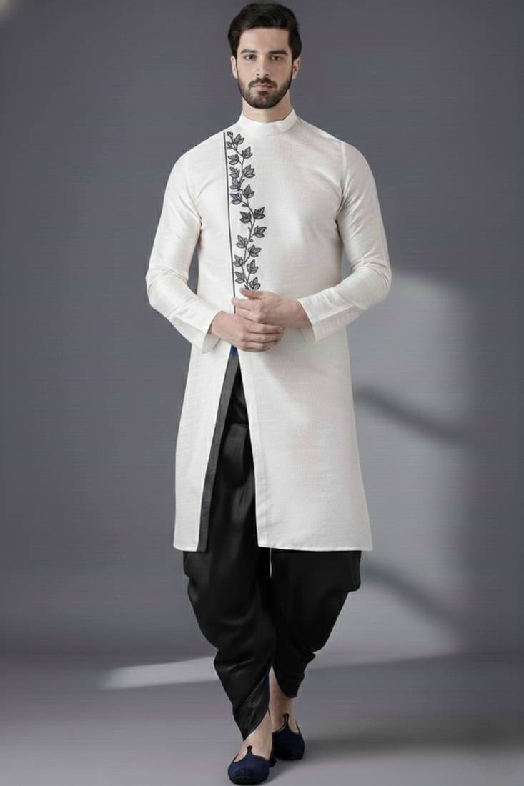White embroidered dupion silk kurta set