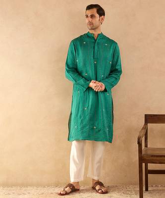 Green embroidered silk kurta 1
