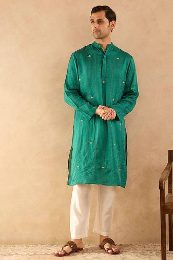 Green embroidered silk kurta