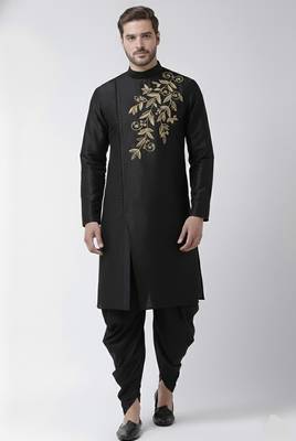 Black embroidered dupion silk kurta set 1