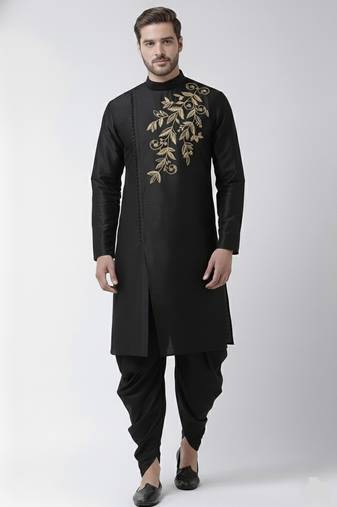 Black embroidered dupion silk kurta set