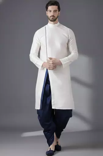 White embroidered dupion silk kurta set