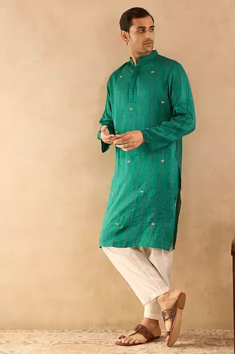 Green embroidered silk kurta