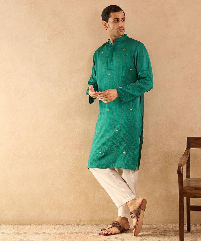 Green embroidered silk kurta