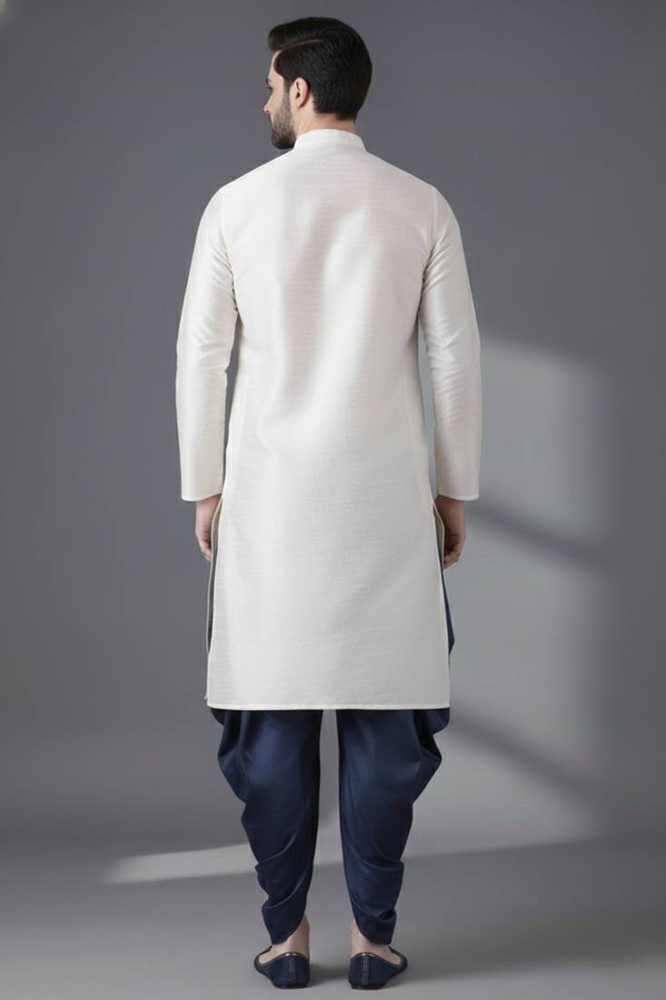White embroidered dupion silk kurta set