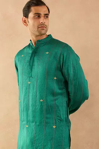 Green embroidered silk kurta