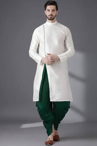 White embroidered dupion silk kurta set