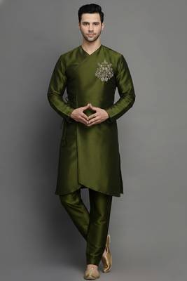 Mehandi embroidered dupion silk kurta set 1