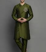 Mehandi embroidered dupion silk kurta set