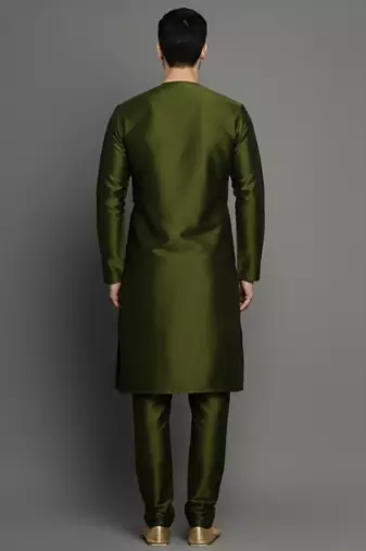 Mehandi embroidered dupion silk kurta set