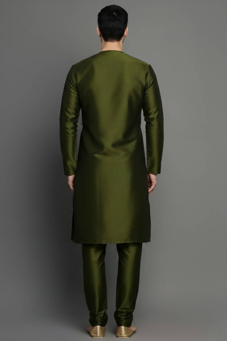 Mehandi embroidered dupion silk kurta set