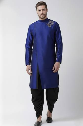 Royal blue embroidered dupion silk kurta set