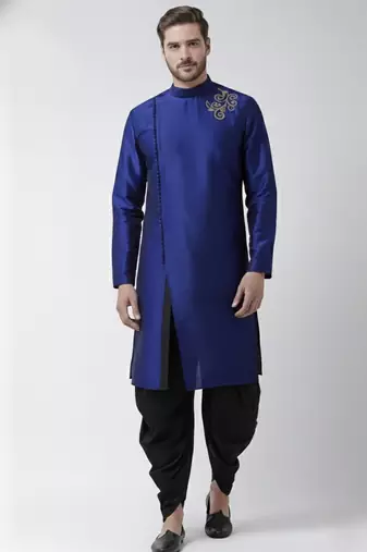 Royal blue embroidered dupion silk kurta set