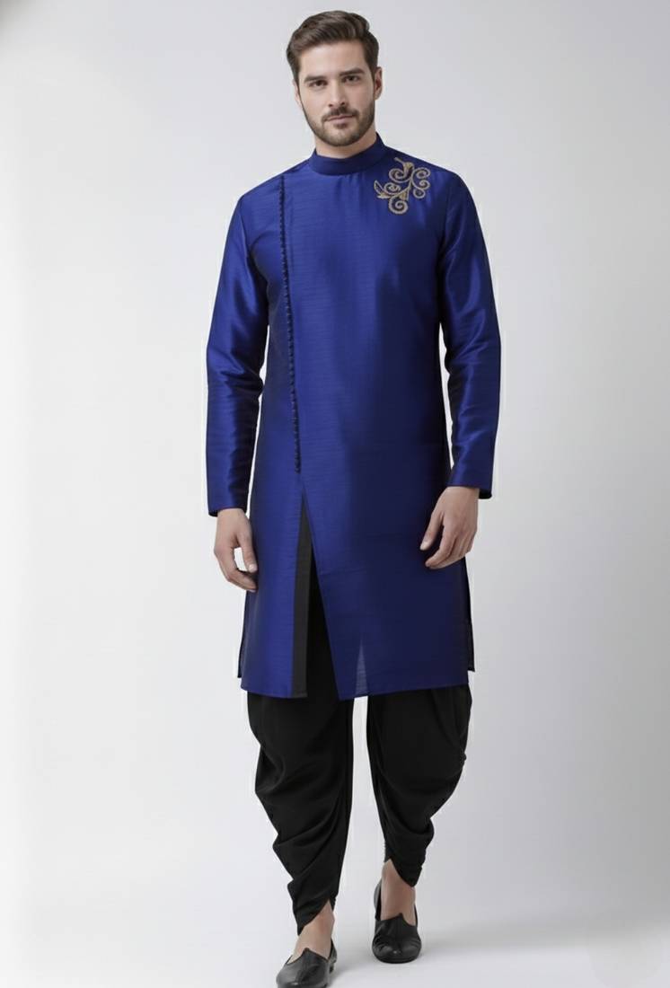 Royal blue embroidered dupion silk kurta set