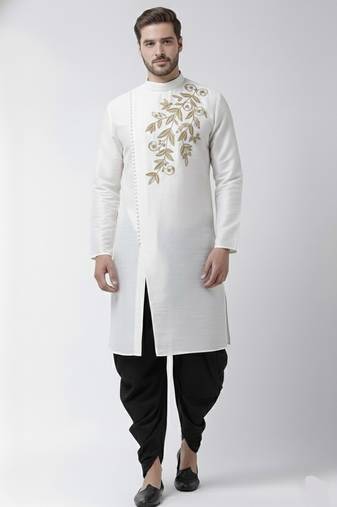White embroidered dupion silk kurta set