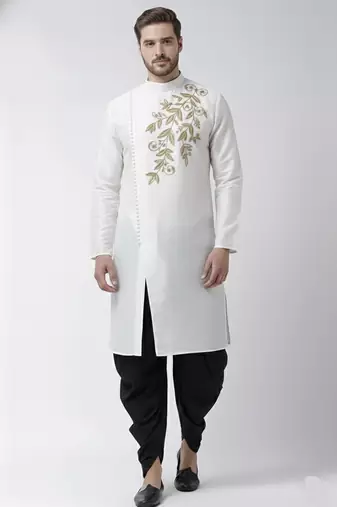 White embroidered dupion silk kurta set