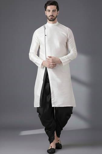 White embroidered dupion silk kurta set