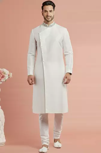 White embroidered dupion silk kurta set