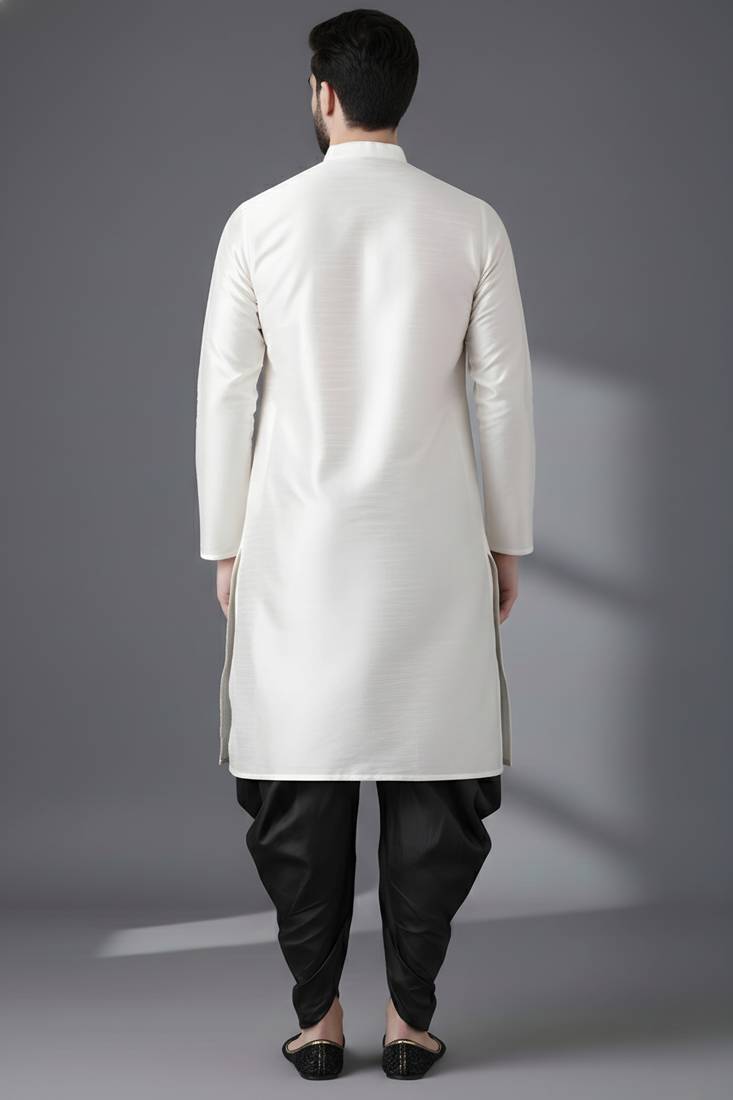 White embroidered dupion silk kurta set