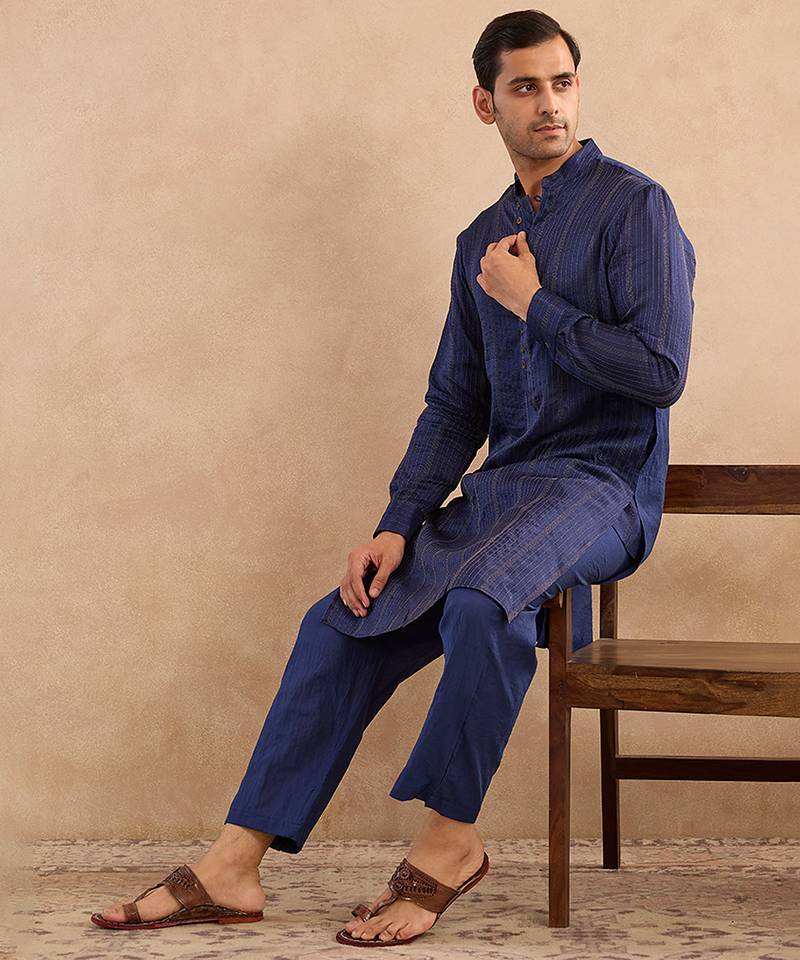 Blue embroidered silk kurta