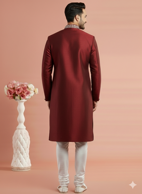 Maroon embroidered dupion silk kurta set 2