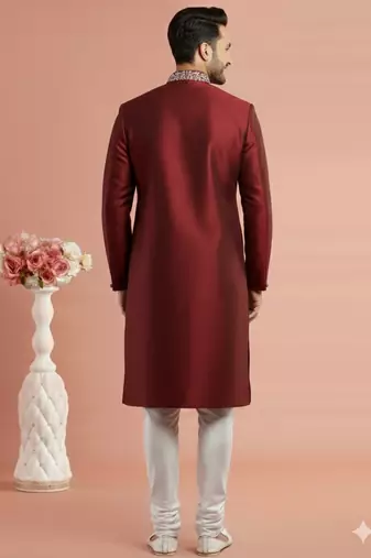 Maroon embroidered dupion silk kurta set