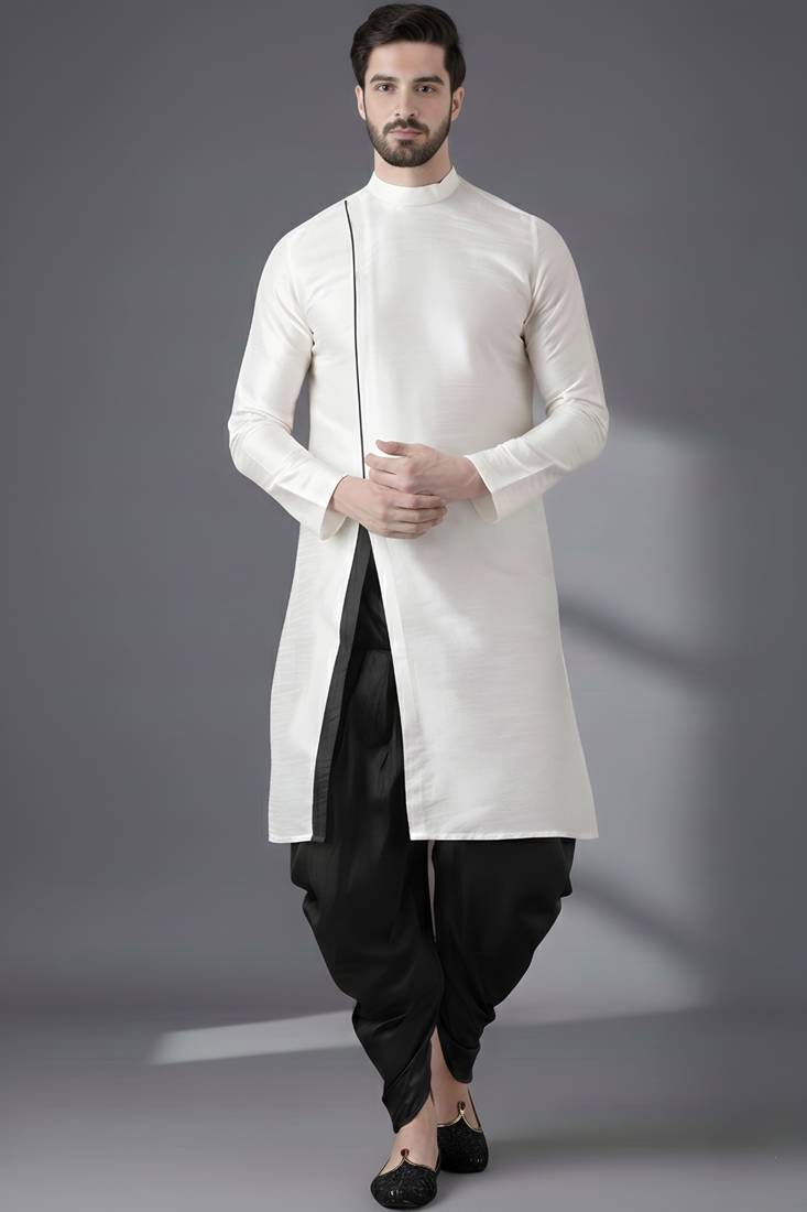 White embroidered dupion silk kurta set