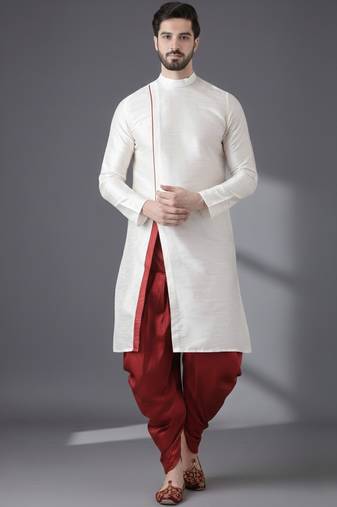 White embroidered dupion silk kurta set