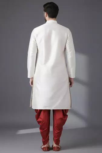 White embroidered dupion silk kurta set