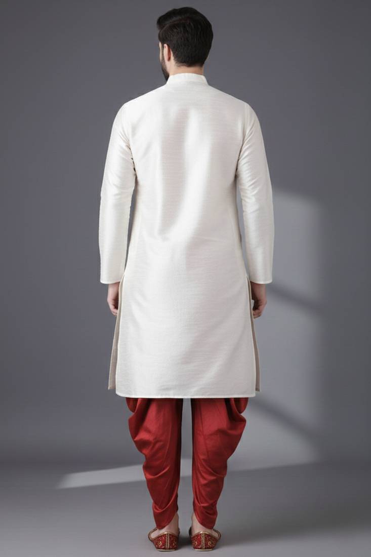 White embroidered dupion silk kurta set