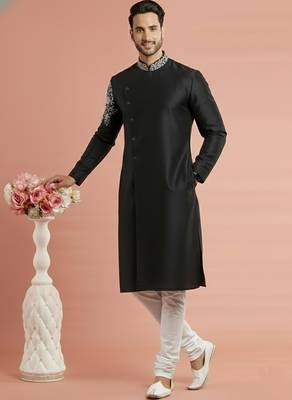 Black embroidered dupion silk kurta set 2