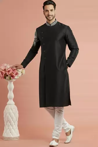 Black embroidered dupion silk kurta set