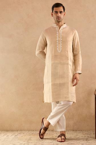 Beige embroidered tissue kurta set