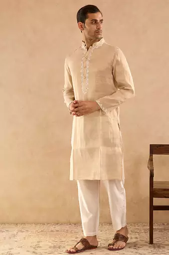 Beige embroidered tissue kurta set