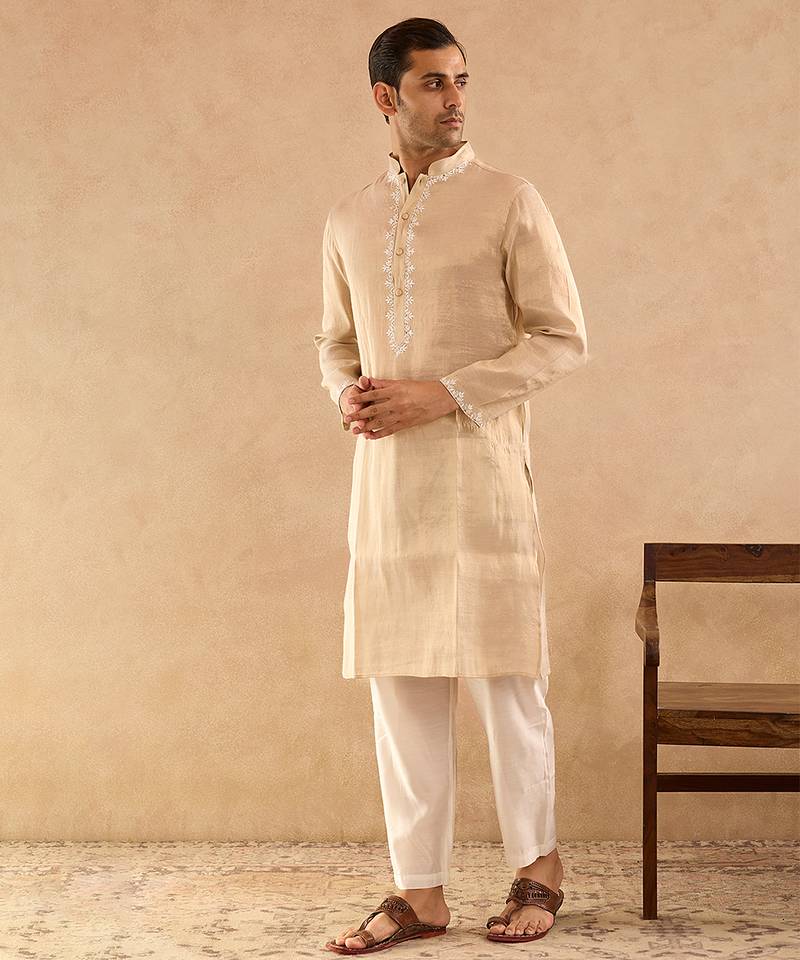 Beige embroidered tissue kurta set
