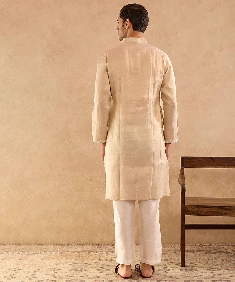 Beige embroidered tissue kurta set