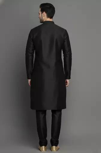 Black embroidered dupion silk kurta set