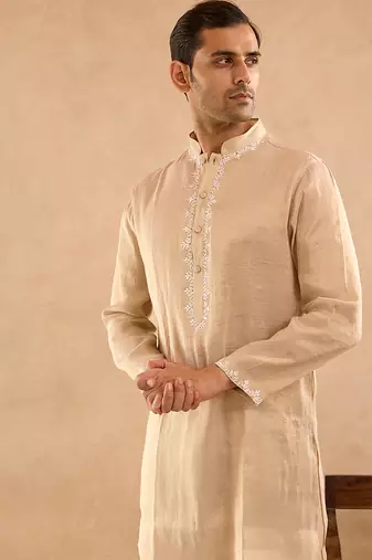 Beige embroidered tissue kurta set