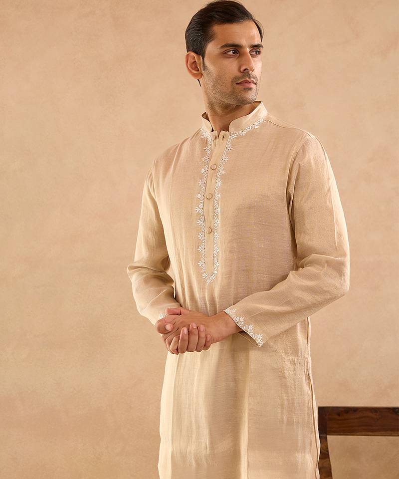 Beige embroidered tissue kurta set