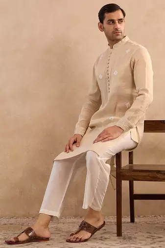 Beige embroidered tissue kurta set