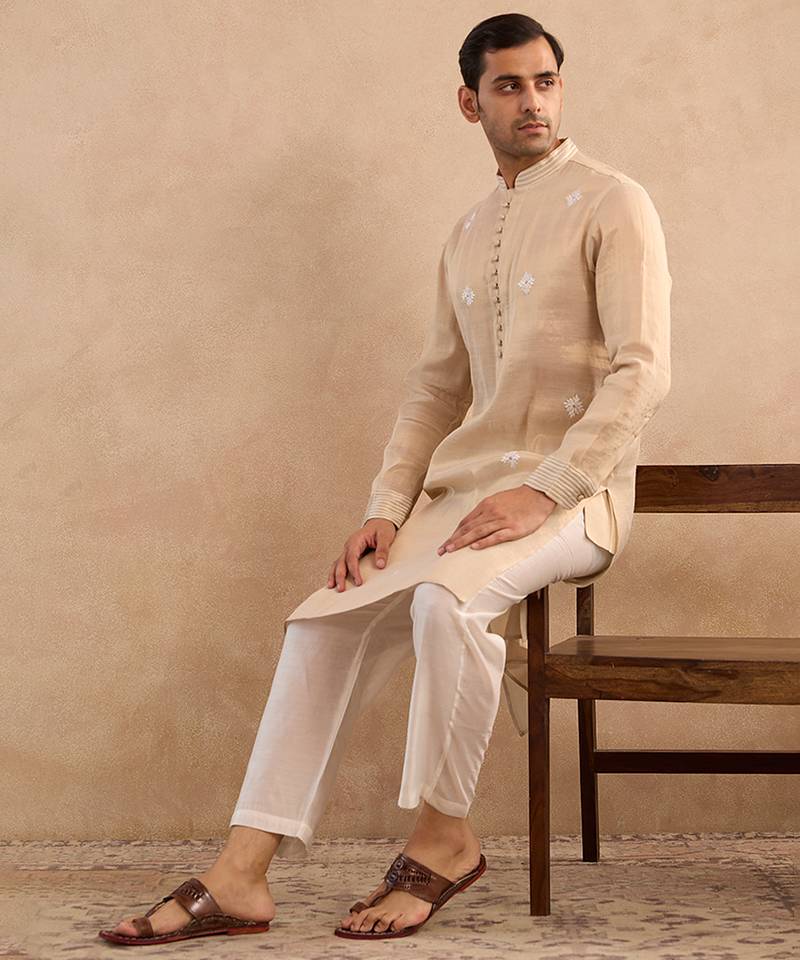 Beige embroidered tissue kurta set