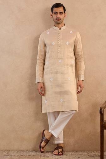 Beige embroidered tissue kurta set