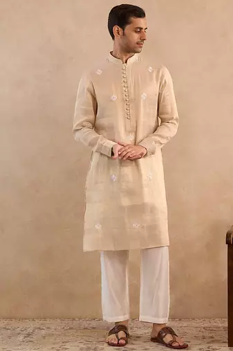 Beige embroidered tissue kurta set