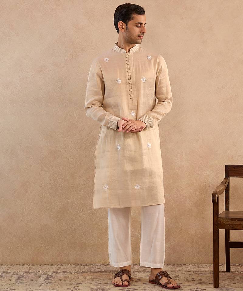 Beige embroidered tissue kurta set