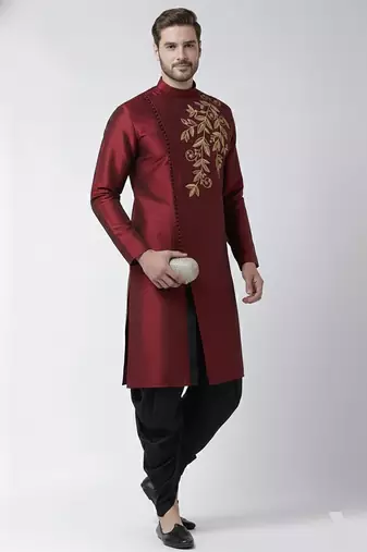 Maroon embroidered dupion silk kurta set